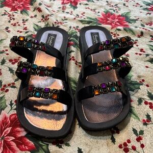 Elegant Black Sandals with Multicolor Gem Accents